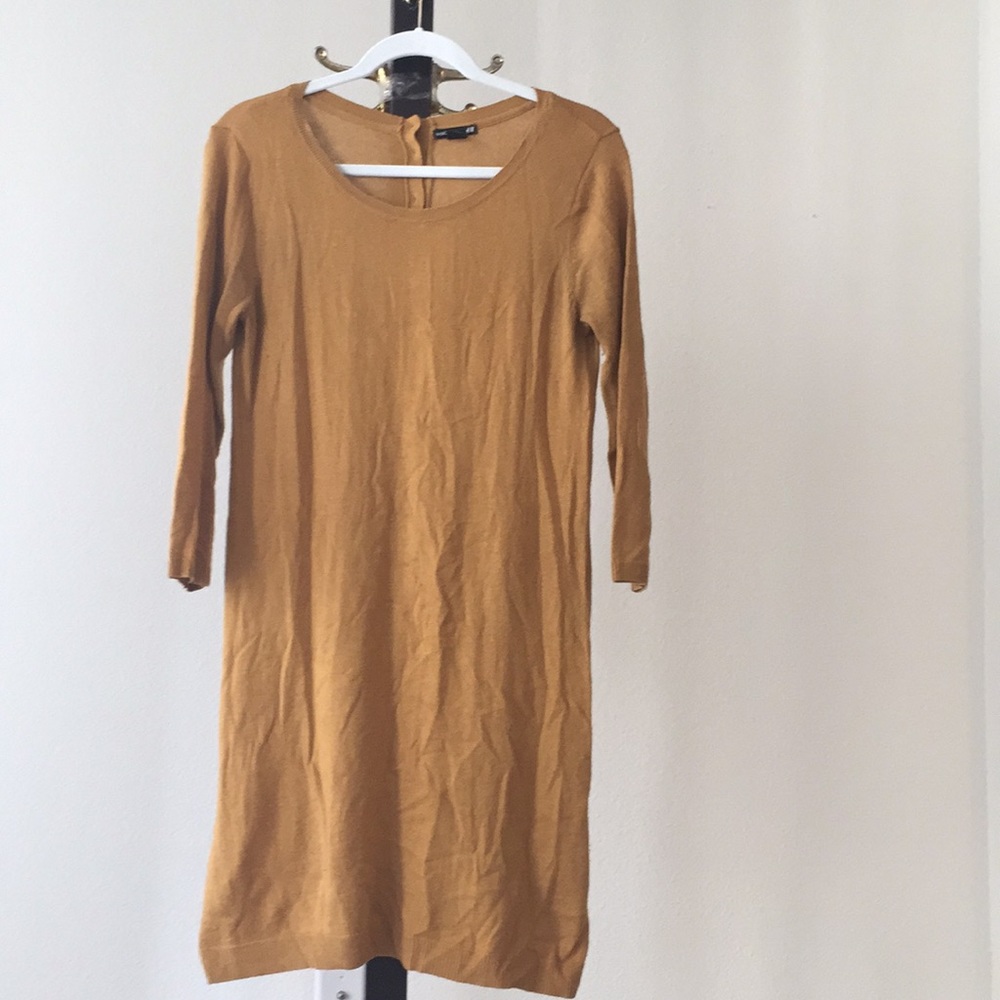 Mustard sweater dress with button back detail